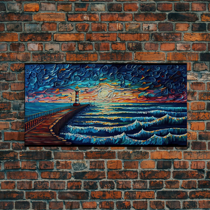 Starry Night Style Light House - Framed Canvas Print - Lighthouse and Beach Art - Lakehouse Art - Beach House - Living Room Decor