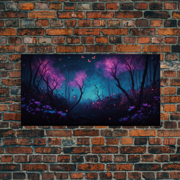 Beautiful forest canvas print Fantasy forest wall art Forest Painting, Framed Art, Glowing Butterflies