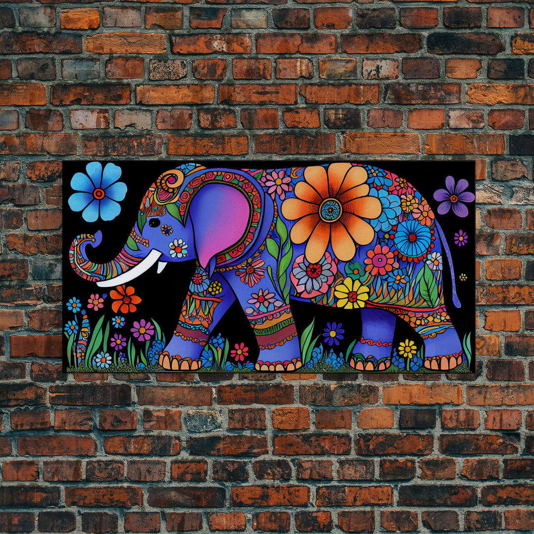 Elephant Art, Wall Art, Framed Canvas Print, Canvas Art, Indian Style Abstract Elephant With Flowers