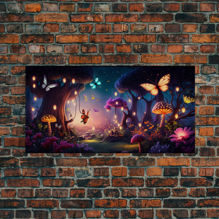 Vibrant Fantasy Forest Wall Art, The Forest Floor, Bioluminescent Glowing Butterflies, Gift, Framed Canvas Print