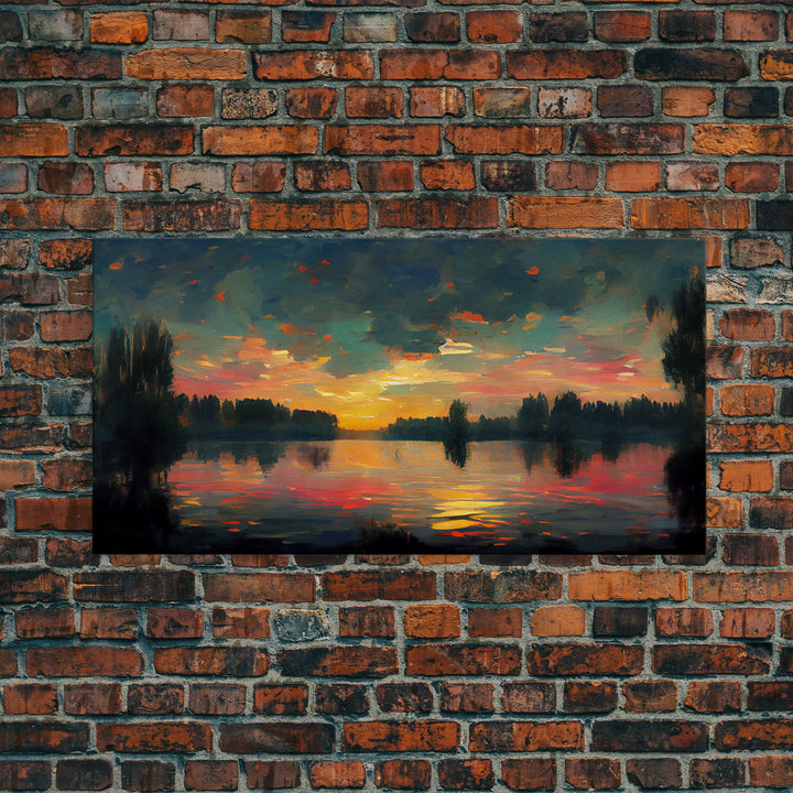 Lakehouse Canvas Print, watercolor painting of a sunset reflected on a lake