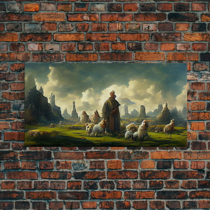 Shepherd and his flock, sheep painting, farmhouse art, watercolor canvas print, Giclee print