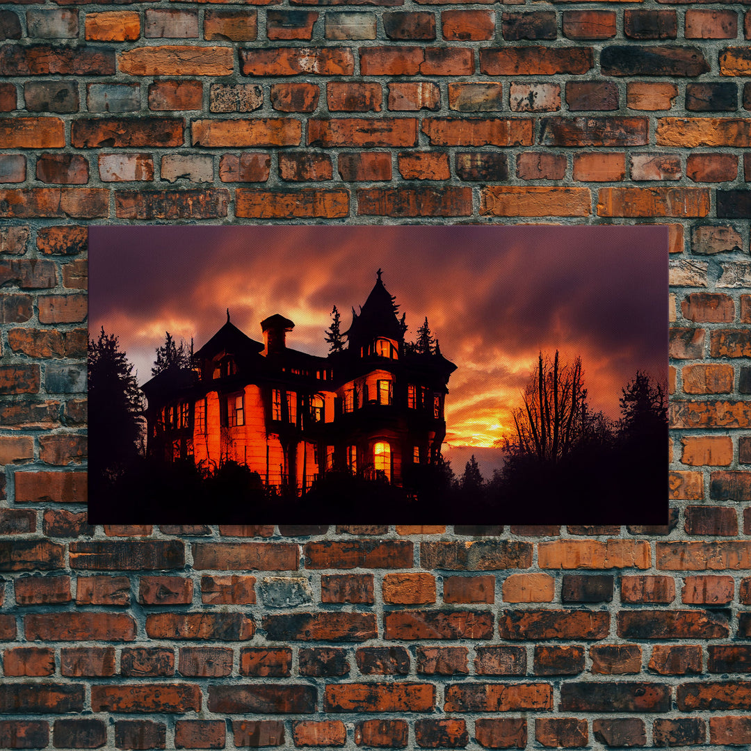 Spooky Halloween Wall Art, Haunted House Canvas Print, Ready to hang canvas, orange creepy house at night, Wall Decor