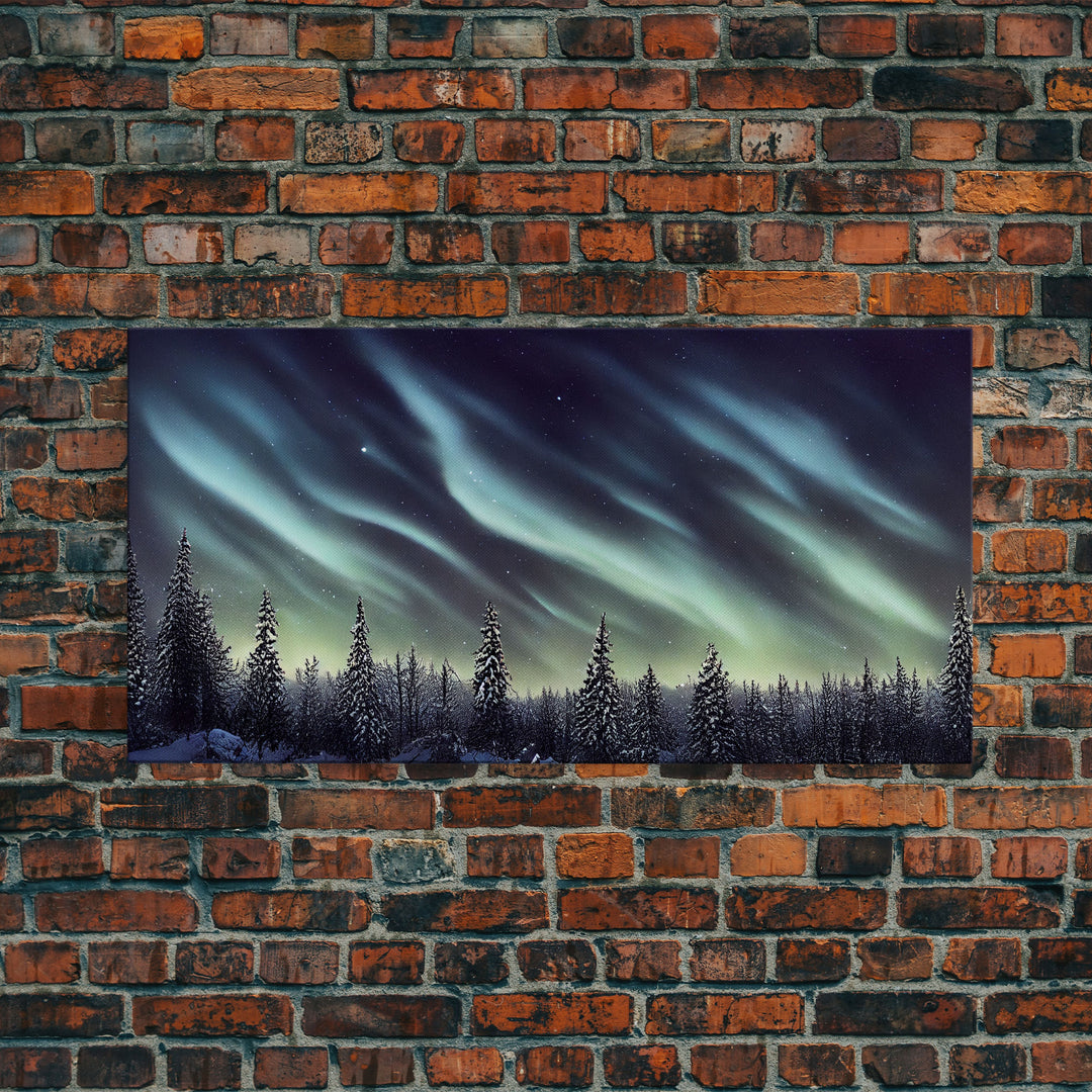 Aurora borealis over a snowy northern forest, canvas print, scenic winter landscape art, northern lights