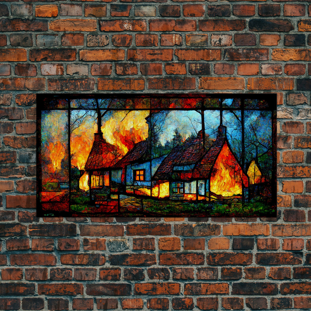 Stained Glass Cottage On Fire, Canvas print, negative art, house on fire depicted in stain glass, cool wall art