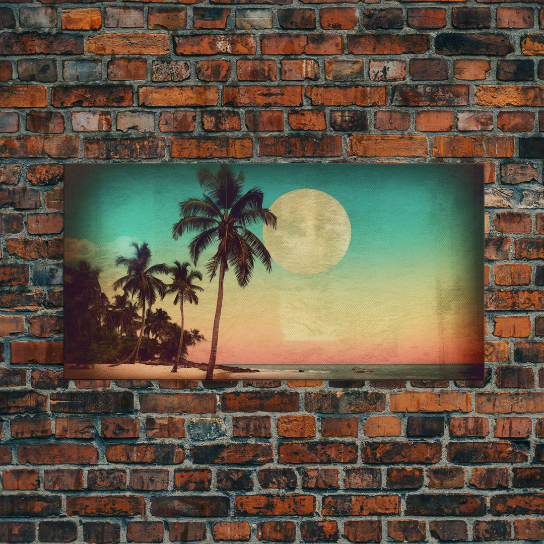 Sunset Over Beach Wall Decor, Tropical Wall Art, Palm Trees Art, Panoramic Wall Decor, Canvas Print, Wall Art, Framed Canvas Art