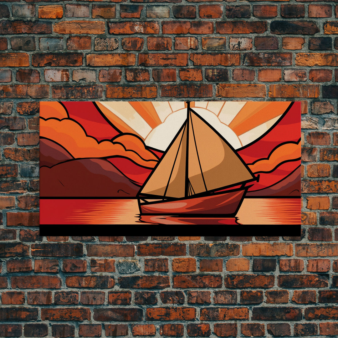 Abstract Seascape Wall Art, Stained Glass Wall Decor, Sailboat Wall Art, Panoramic Wall Decor, Canvas Print, Wall Art, Framed Canvas Art