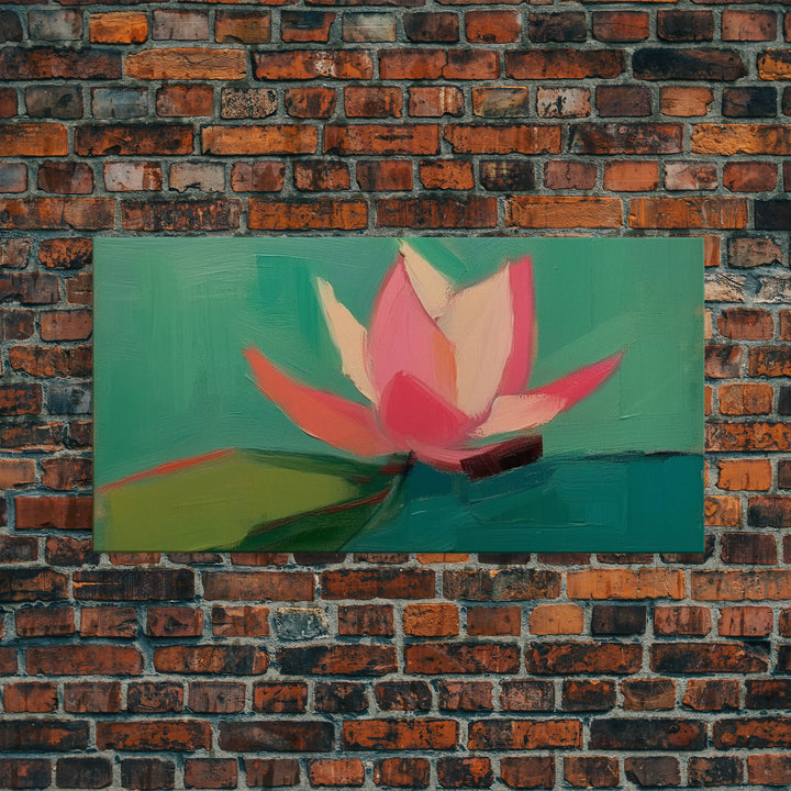 Pink Water Lily Wall Art, Pink Flower, Nature Wall Decor, Oil Painting, Panoramic Wall Decor, Canvas Print, Wall Art, Framed Canvas Art