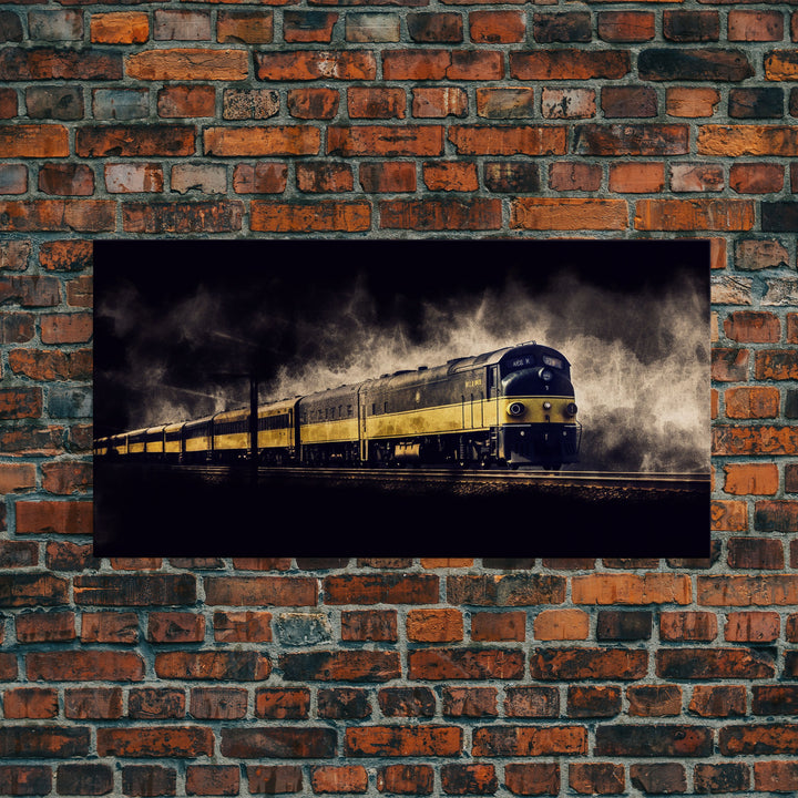 Black Yellow Locomotive Wall Decor, Railroad Wall Decor, Railway Wall Art, Panoramic Wall Decor, Canvas Print, Wall Art, Framed Canvas Art