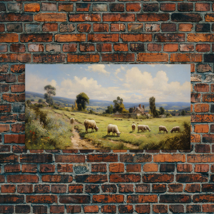 Countryside Painting, Sheep Wall Art, Farm Animals, Farm Art, Panoramic Art, Wall Art, Canvas Art, Landscape Art, Farmhouse Wall Art