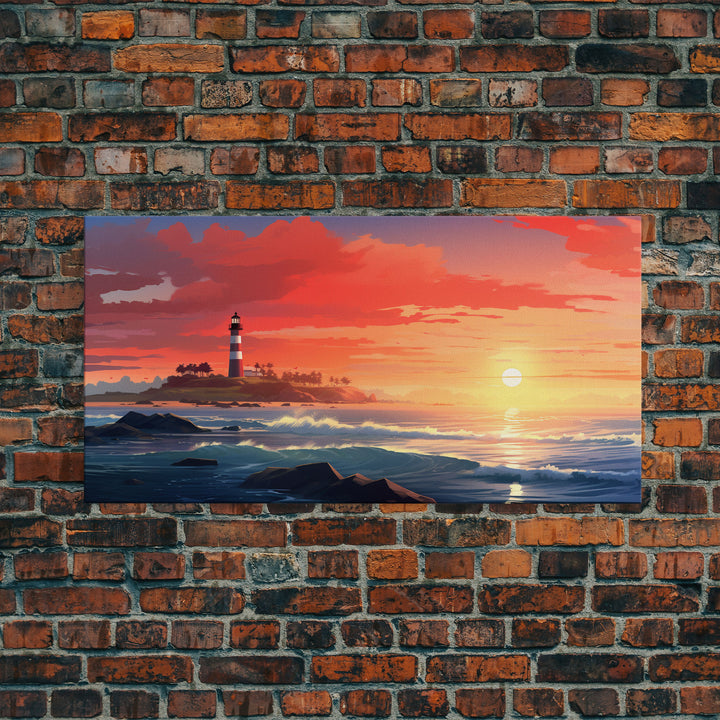 Lighthouse Decor, Nautical Wall Art, Ocean Wall Art, Sunset Wall Print, Panoramic Art, Wall Art, Canvas Art, Landscape Art, Apartment Art