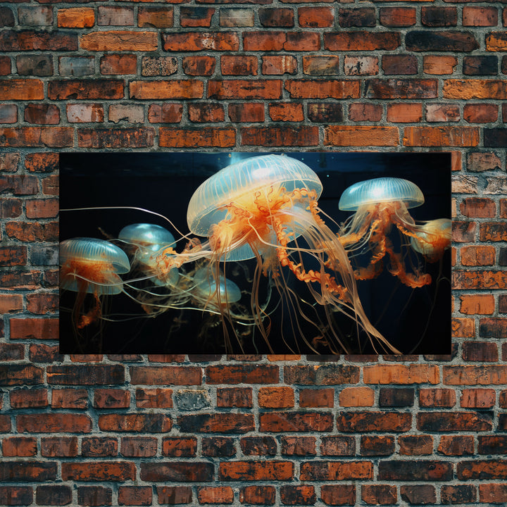 Jelly Fish  Art, Ocean Wall Art, Orange Jelly Fish, Panoramic Art, Wall Art, Canvas Art, Landscape Art, Gift For Boss, Teen Boy Room Decor