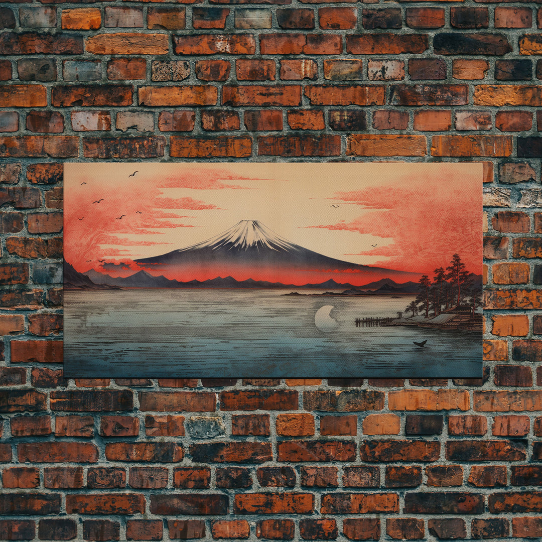 Volcano, Japanese Art, Asian Landscape, Panoramic Art, Wall Art, Canvas Art, Landscape Art, Gift For Him, Modern Home Decor, Home Decor Art