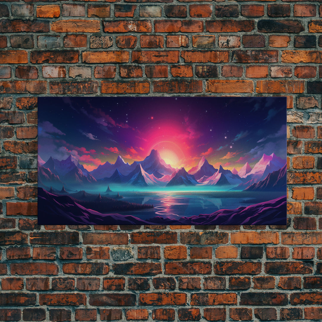 Synthwave Art, Framed Canvas Print, Beautiful Scifi Mountains Wall Art, Alien Planet, Game Room Decor, Gamer Gift For Him