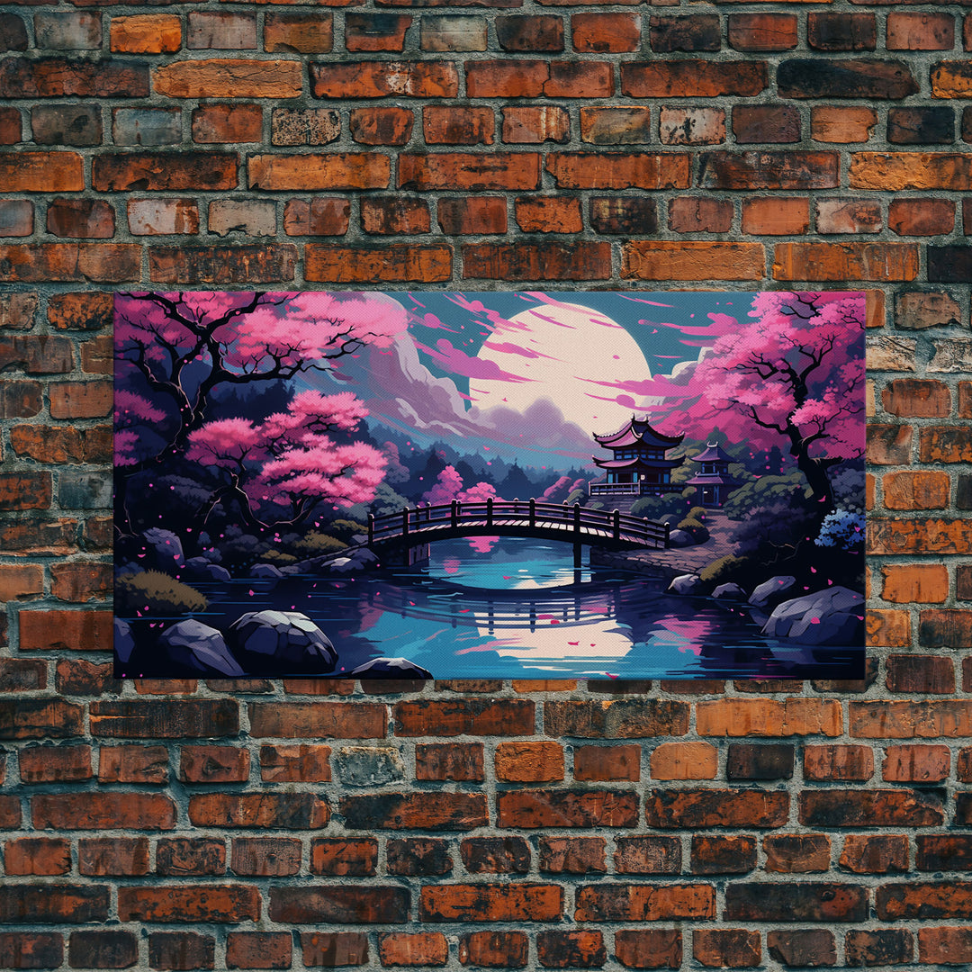 Japanese Art- Wabi Sabi Style Japanese Synthwave Pagoda, Game Room Art, Framed Canvas Print, Framed Art, Framed Painting, Retro Aesthetic