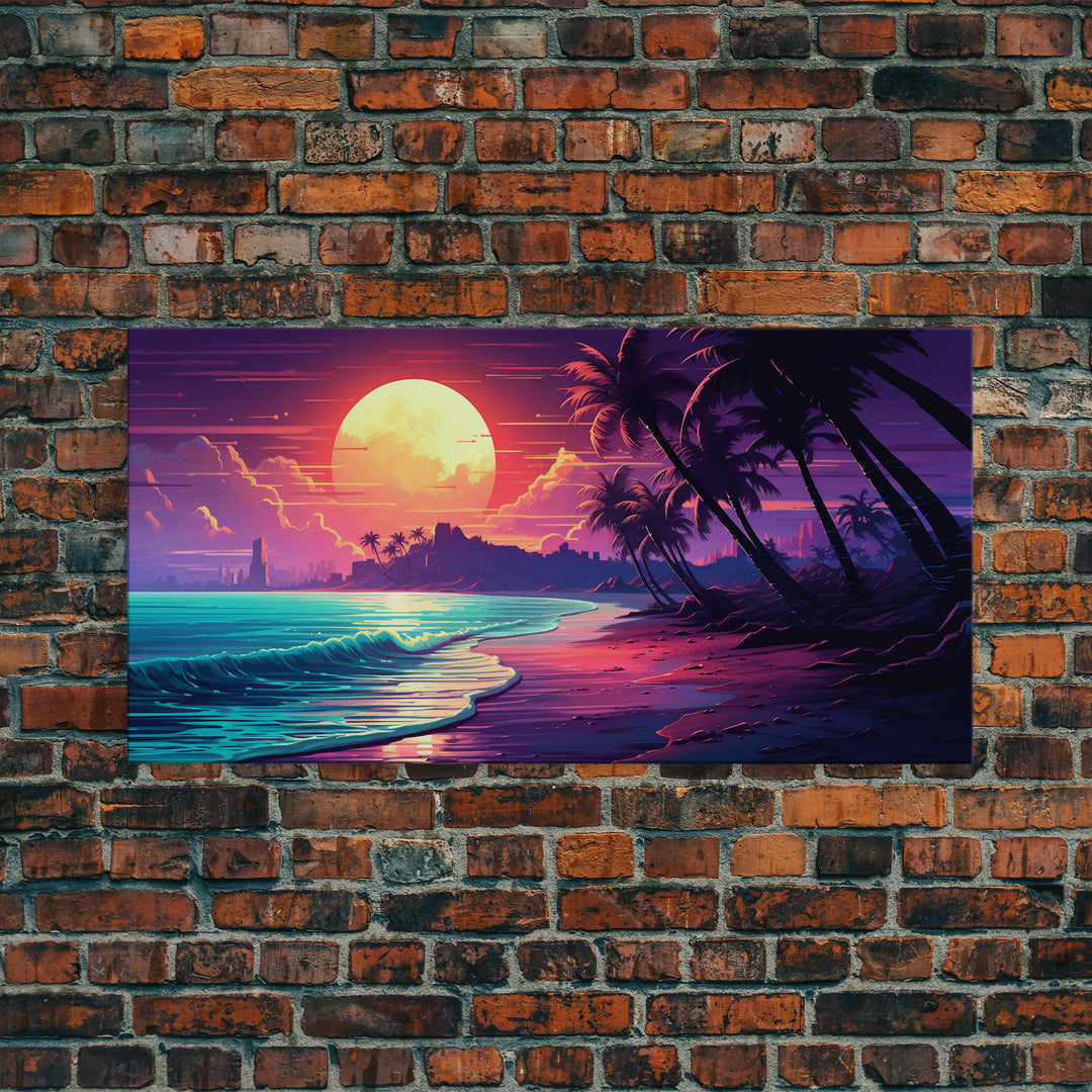 Outrun Vibes, Sunset Over The City and Beach, Palm Tree Decor, Game Room Art, Aesthetic Posters, Retro Art, 80s Vibes, 80s Art