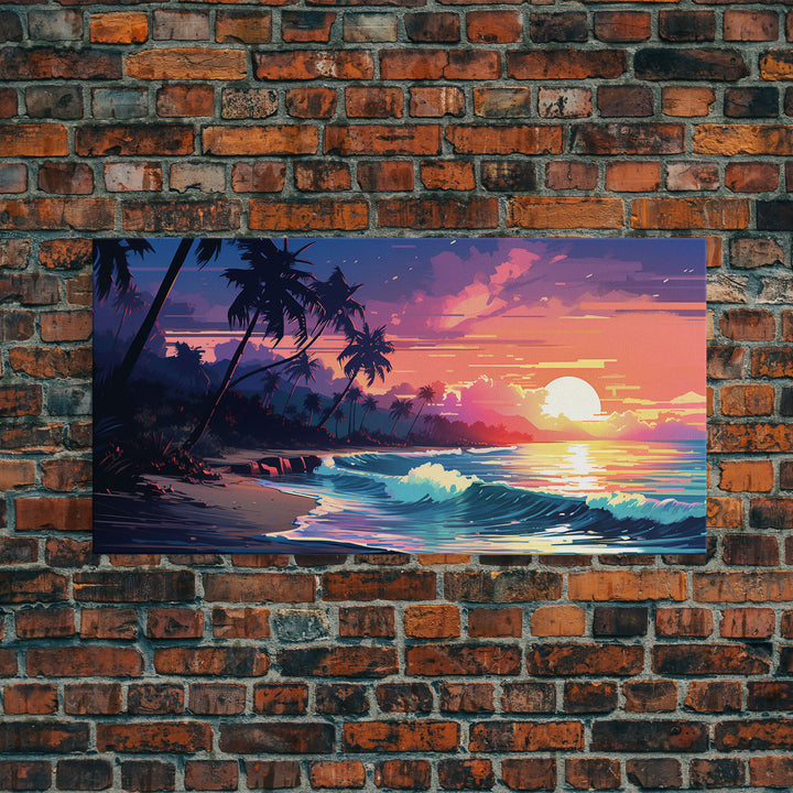 Outrun Vibes, Sunset Over The City and Beach, Palm Tree Decor, Game Room Art, Aesthetic Posters, Retro Art, 80s Vibes, 80s Art