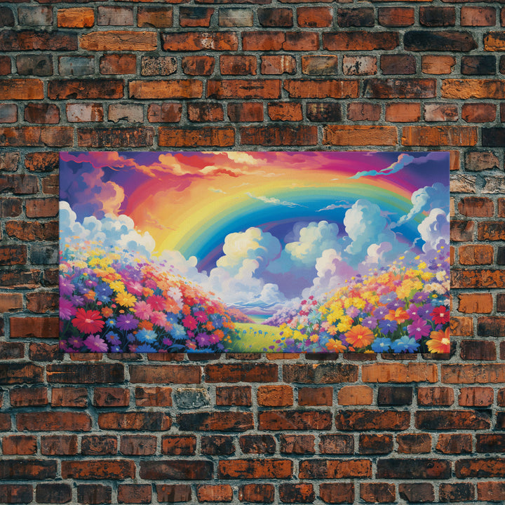 Rainbow Wall Decor, Spring Meadow Print, Wildflower Meadow, Panoramic Art, Wall Art, Canvas Art, Landscape Art, Nursery Wall Art, Kids Art