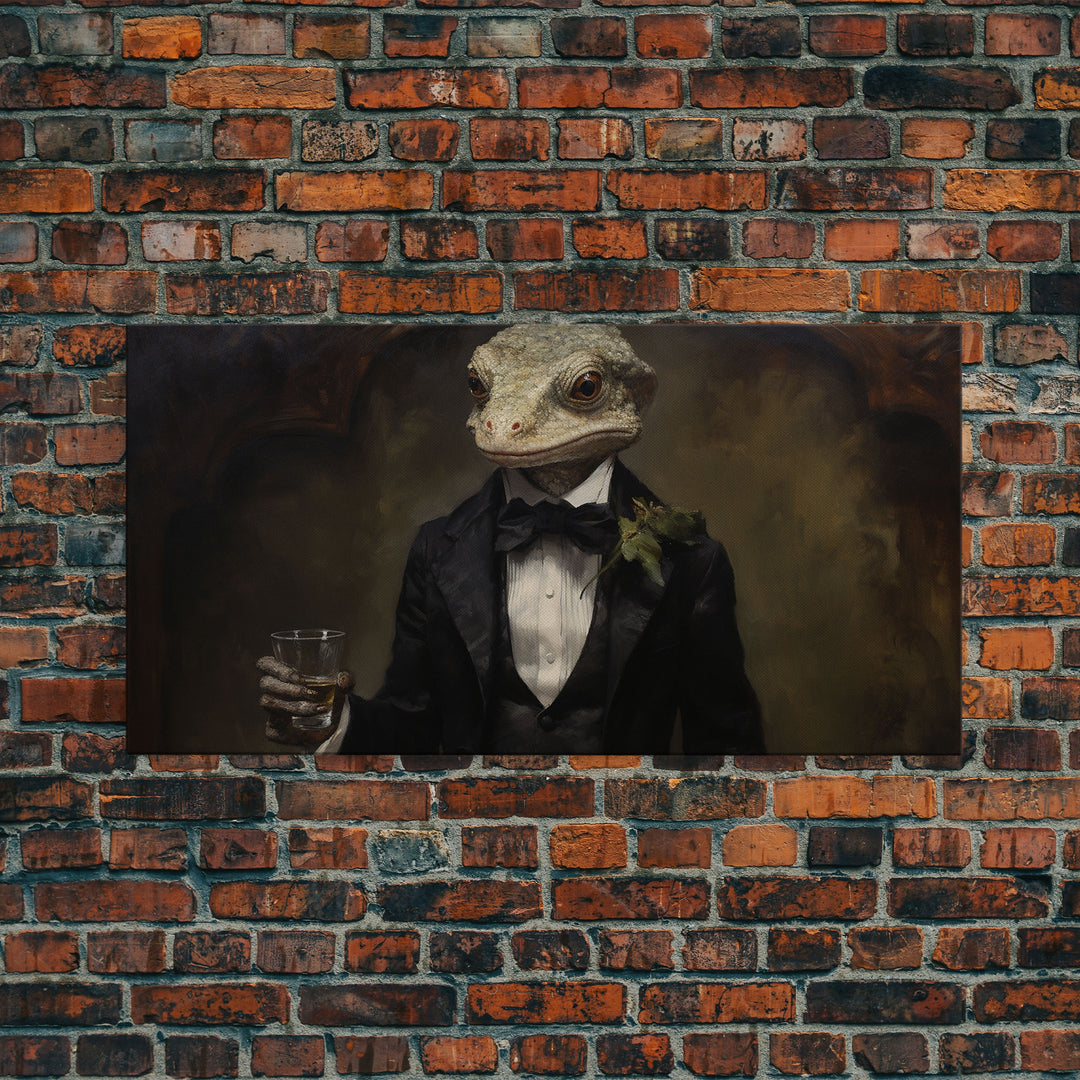 Victorian Gecko Business Man, Witch's Familiar Art, Halloween Decor, Framed Canvas Print, Halloween Wall Art, Victorian Gothic Art