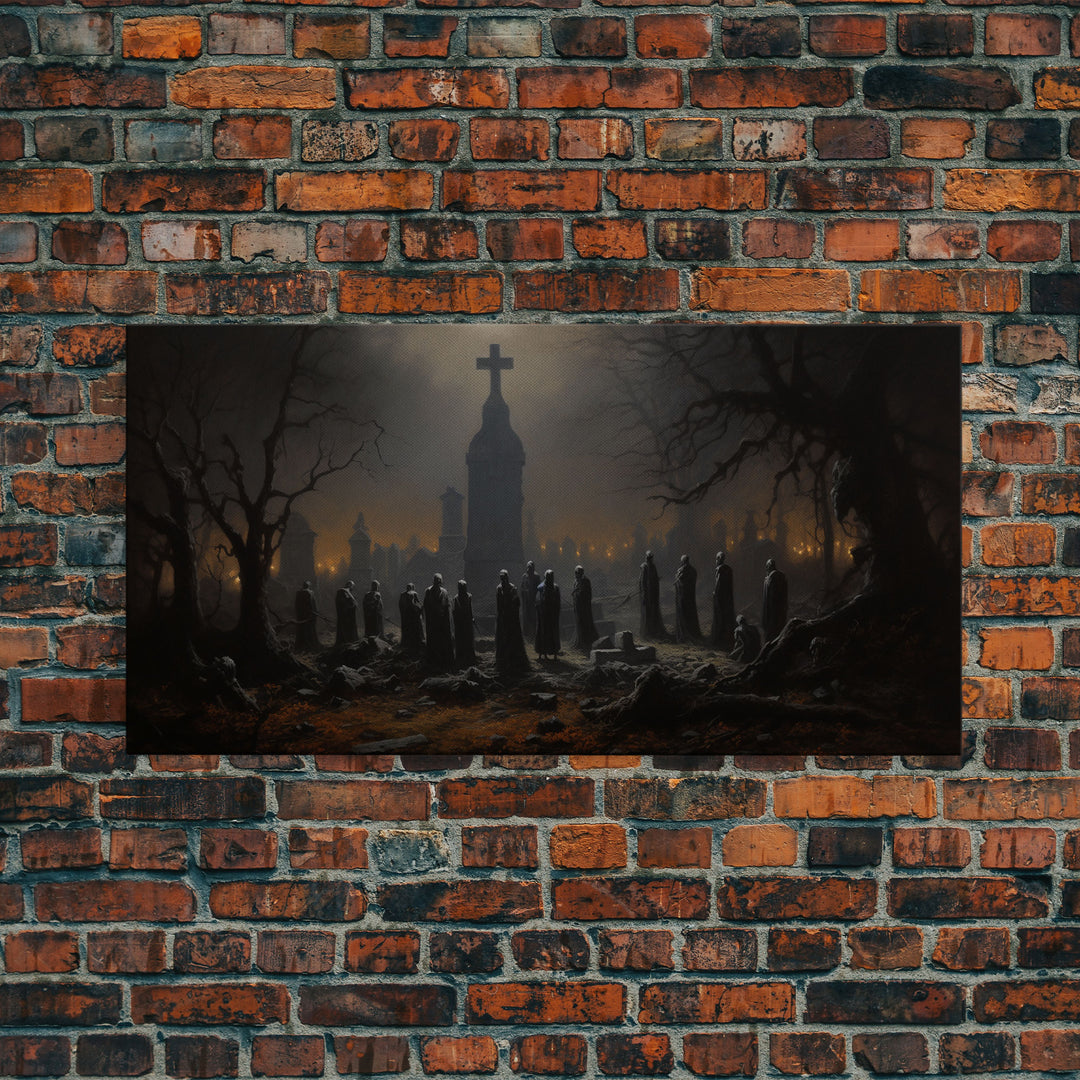 The Haunted Cemetery, Moody and Gloomy Art, Framed Canvas or Poster, Victorian Oil Painting, Dark Academia, Graveyard At Midnight