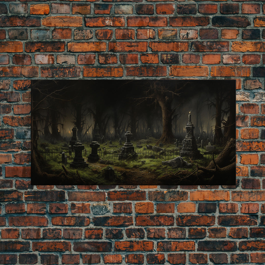 The Haunted Cemetery, Moody and Gloomy Art, Framed Canvas or Poster, Victorian Oil Painting, Dark Academia, Graveyard At Midnight