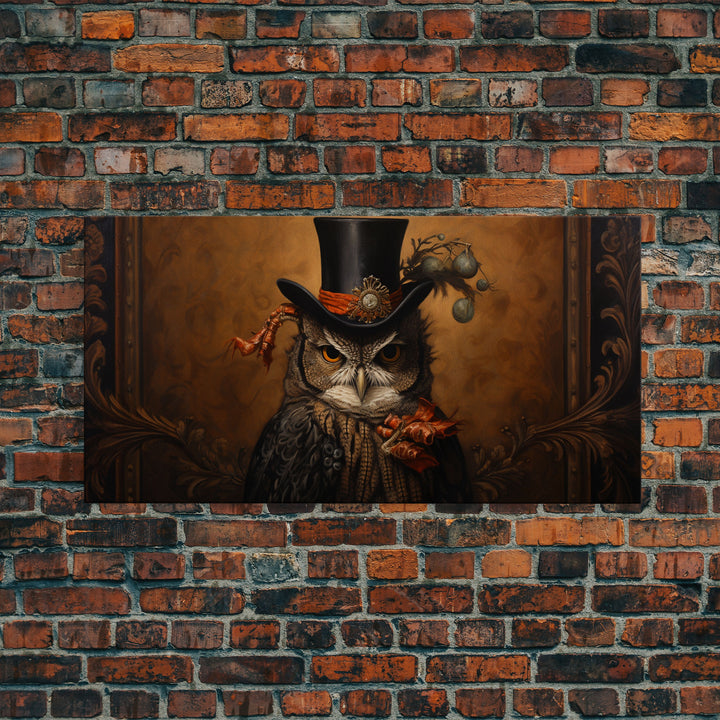 Gothic Victorian Owl Portrait, Framed Canvas Print, Halloween Wall Art, Unique Wall Decor, Owl Painting