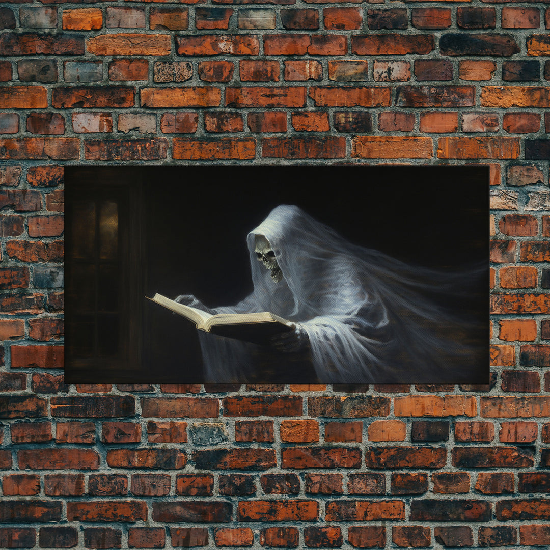 The Reading Ghost, Framed Canvas Print, Victorian Oil Painting Style, Spooky Halloween Decor, Goth Art