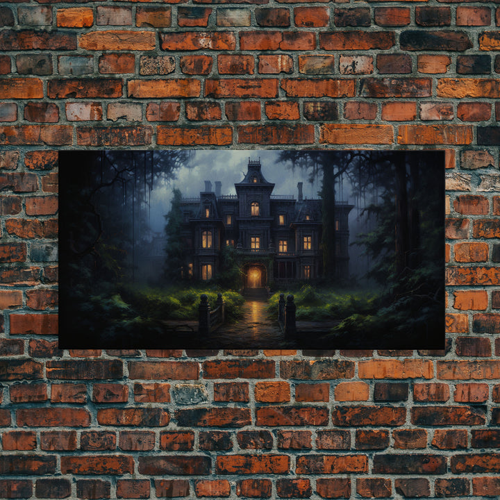 The Haunted House, Spooky Halloween Art, Haunted Victorian Mansion Framed Canvas Print, Horror Prints