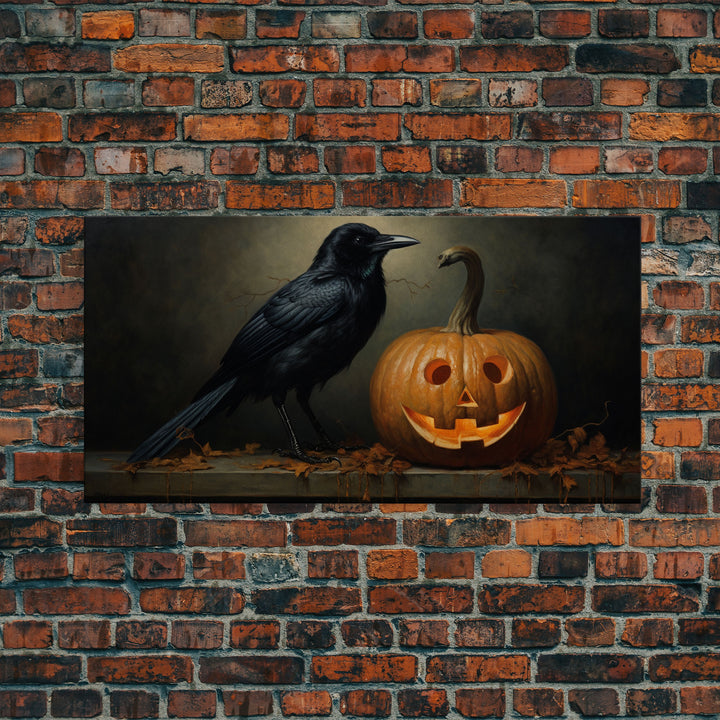 Halloween Decor, Spooky Crow Print, The Raven and The Jack O Lantern, Halloween Wall Art, Victorian Oil Painting, Dark Academia, Goth Art