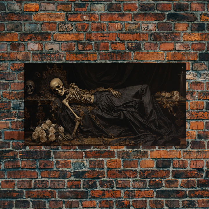 Eternal Slumber, Framed Canvas Print, Creepy Victorian Oil Painting, Halloween Art Prints, The Sleeping Skeleton Painting