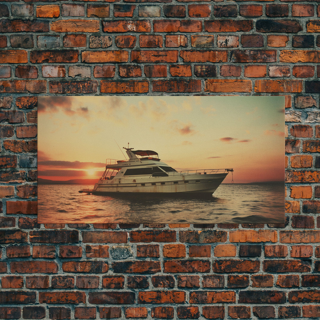 An Abandoned Yacht at Sunset - Framed Canvas Print - Nautical Decor - Vaporwave Art - Liminal Spaces - Urban Decay - Eclectic Wall Art