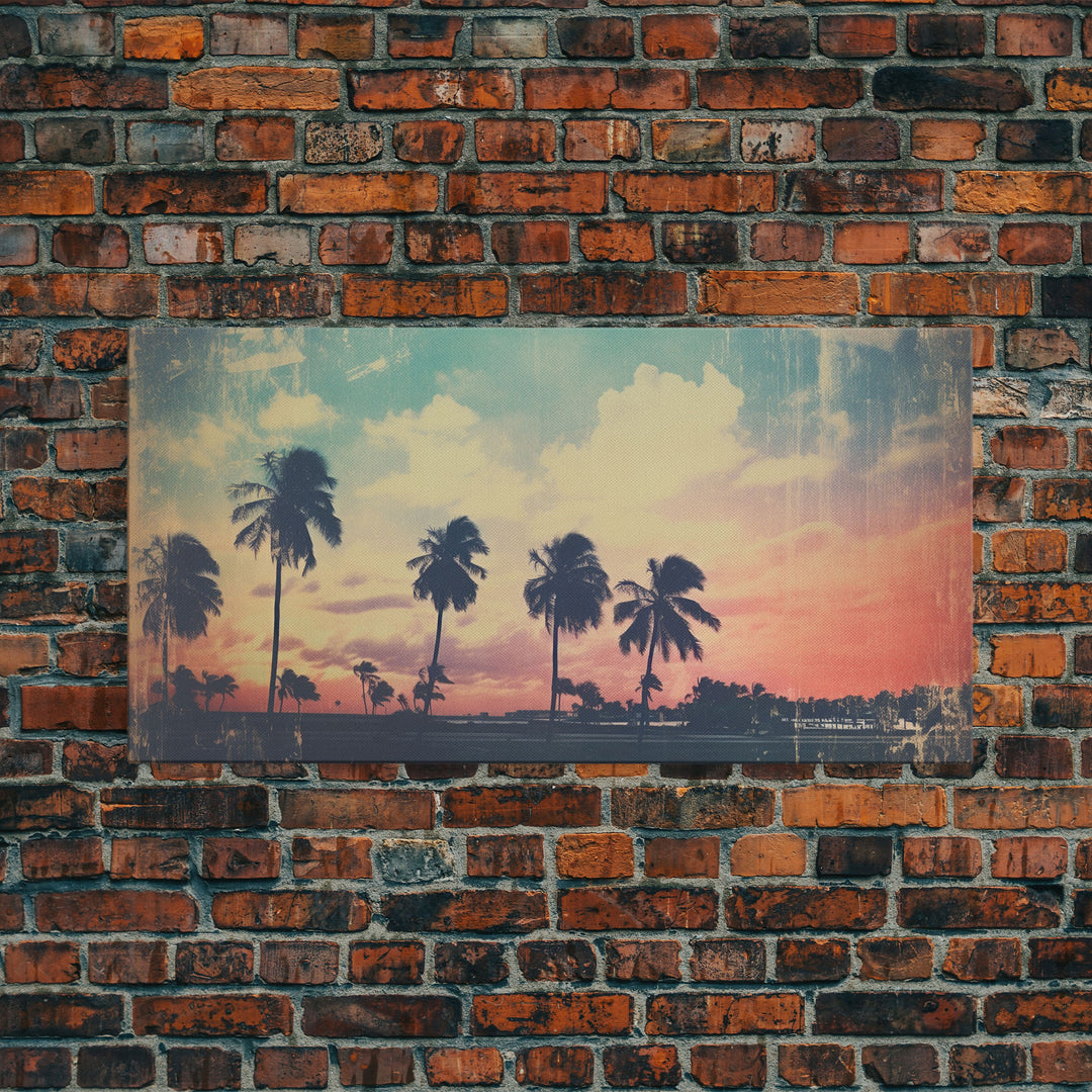 Distressed Old Photo Of Miami Beaches In the 1980s - Framed Canvas Print - Photography Print - Vaporwave Aesthetic Wall Art