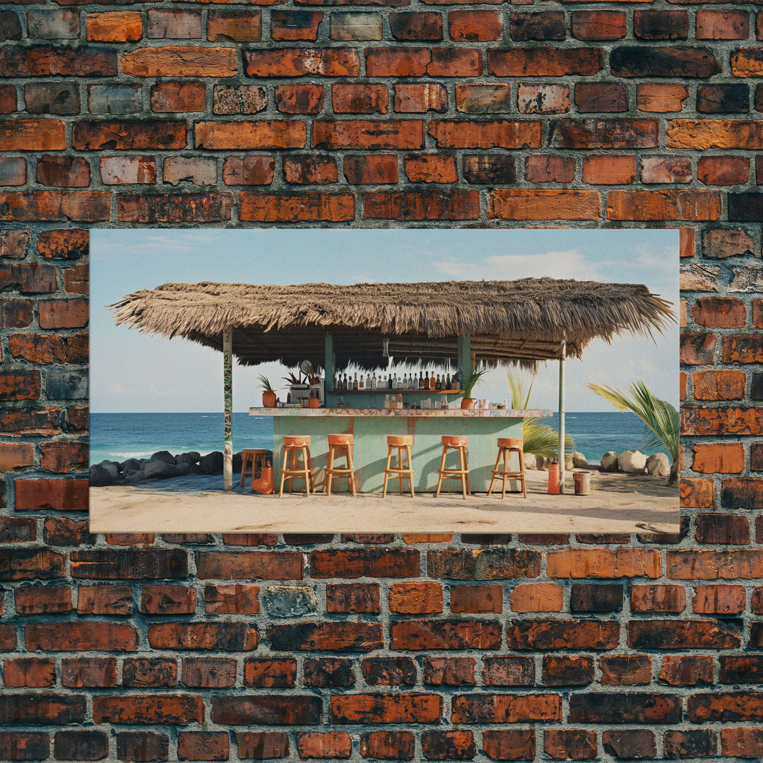 Beachside Tiki Hut Bar and Grill, Framed Canvas Print, Liminal Art, Framed Wall Decor Beach Photography, Surf Art, Surf Print Nautical Decor