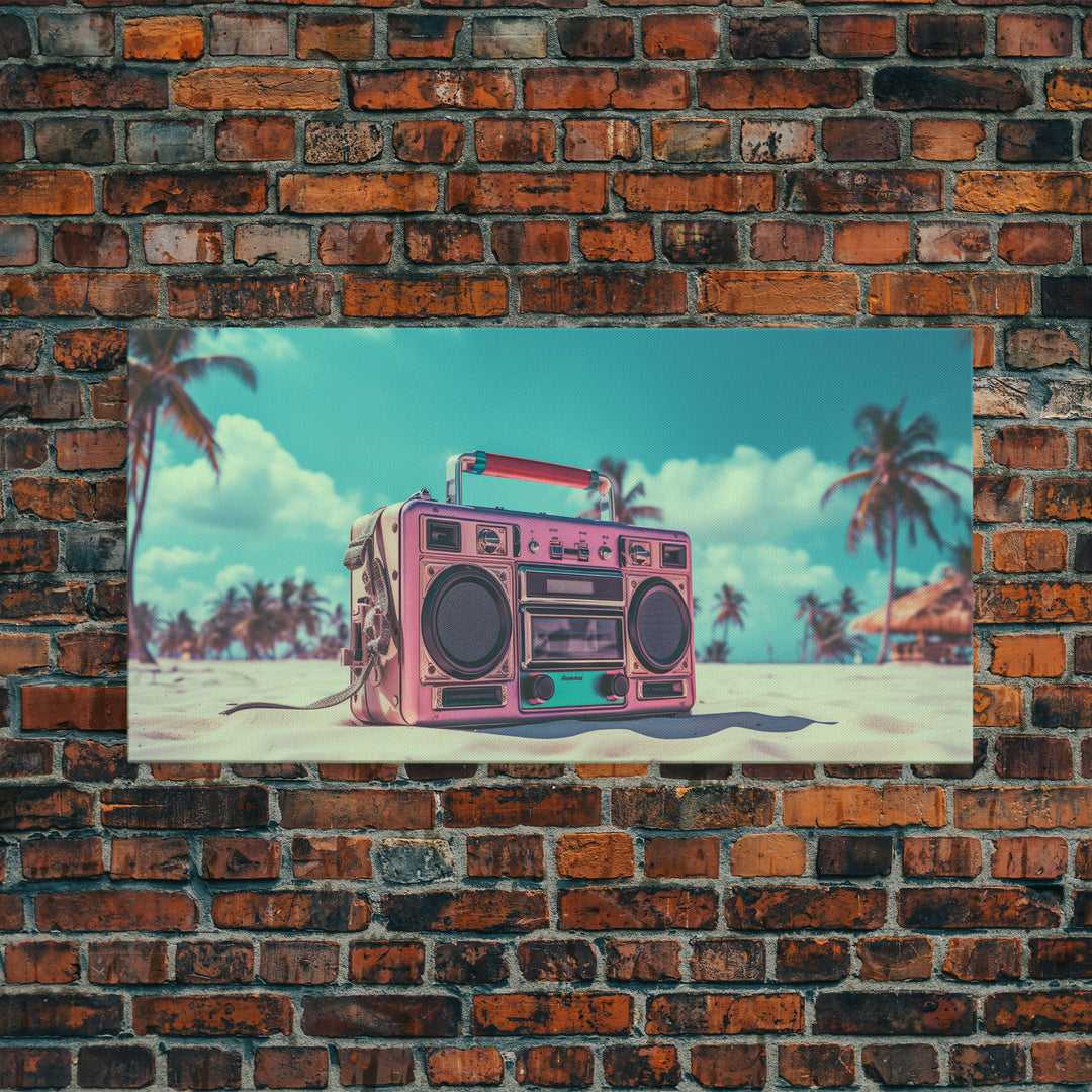 Vaporwave Boombox On The Beach Wall Art, Framed Canvas Print, 1980s Inspired Home Decor, Retro Art, 80s Decor, Aesthetic Decor