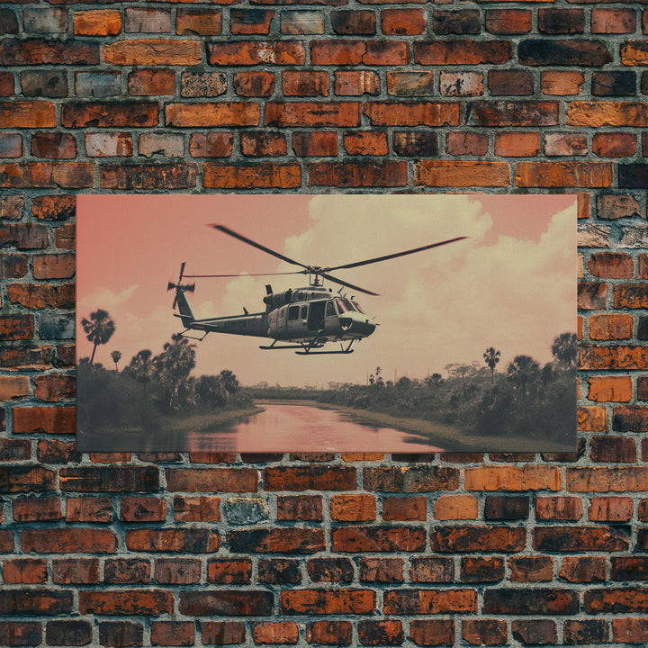 Vaporwave Huey Helicopter Over Vietnam, Framed Canvas Print, Military / War Art, Gift For Veteran, Hot LZ