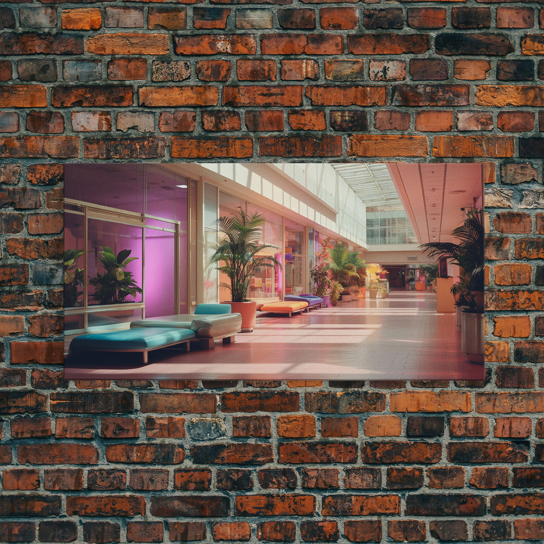 The Mall Before Opening On A Saturday Morning, Framed Canvas Print, Retro Vaporwave Aesthetic 1980s Vibes Wall Art