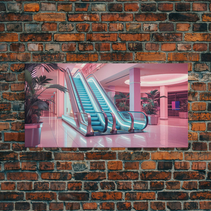 The Mall Before Opening On A Saturday Morning, Framed Canvas Print, Retro Vaporwave Aesthetic 1980s Vibes Wall Art