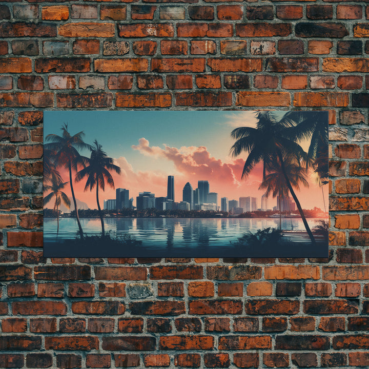 Miami Skyline At Sunrise, Framed Canvas Print, Vaporwave Aesthetic Wall Art, Framed Canvas Art, 1980s Art, Retro Decor