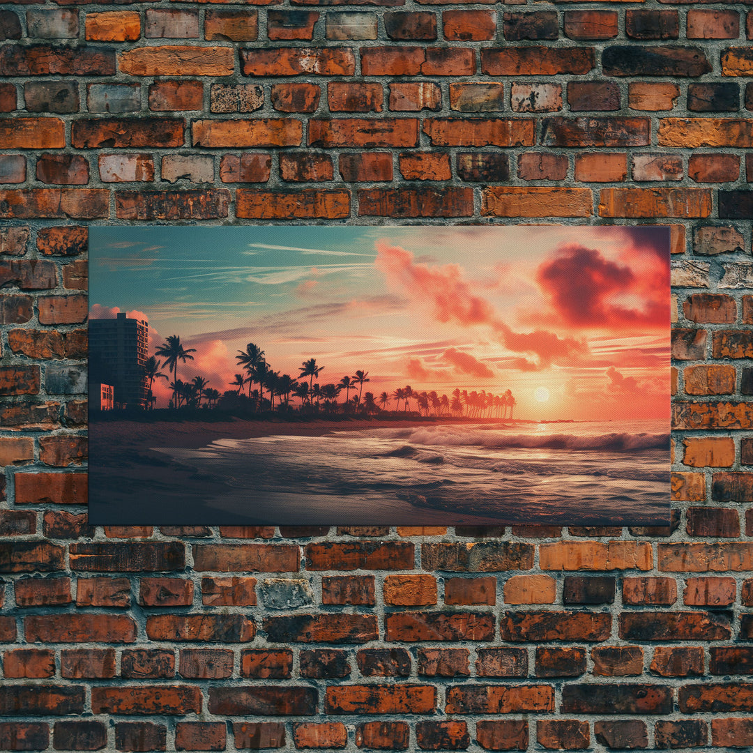 Sunset Over A Miami Beach, Framed Canvas Print, Vaporwave Wall Art, Retro 1980s Beach Art