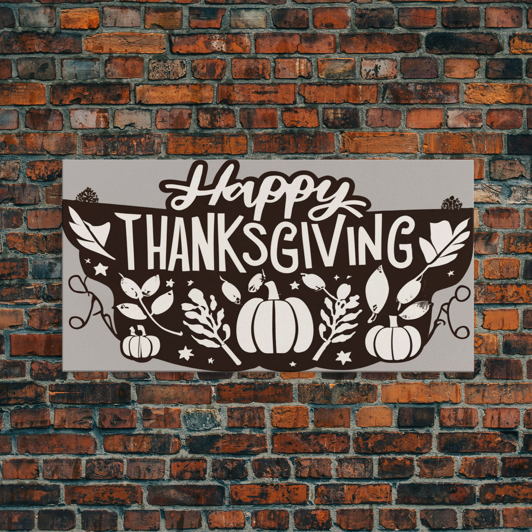 Happy Thanksgiving! Modern Farmhouse Wall Decor, Dining Room Wall Sign Kitchen Decor Large Framed Canvas Print, Fall Wall Art, Thankful