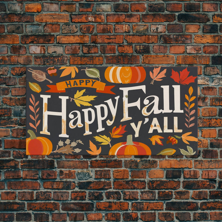 Happy Fall Y'all Typography Wall Art - Framed Canvas Print - Rustic Fall Sign - Thanksgiving Sign - Minimalist Farmhouse Primitive Art