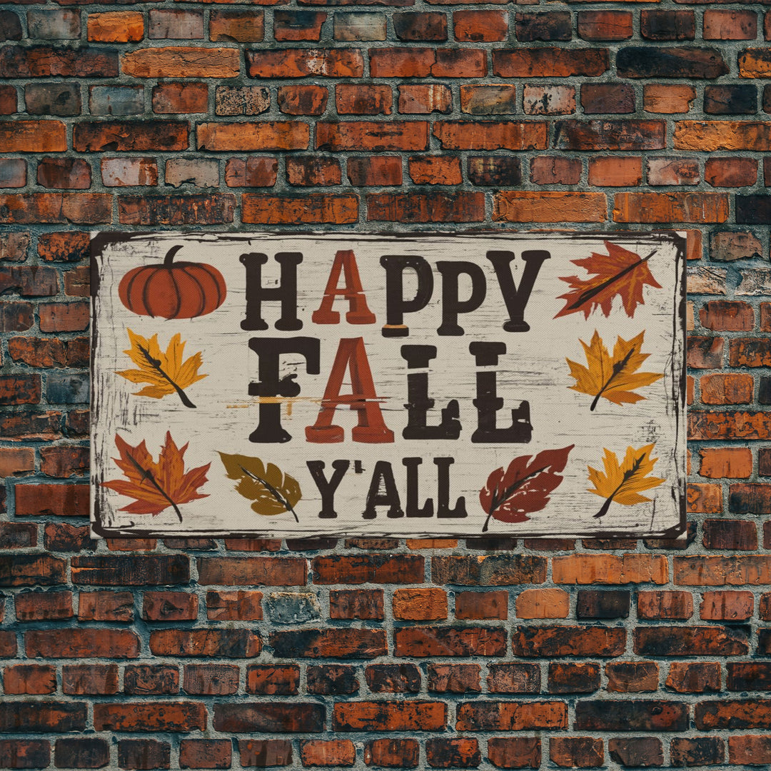 Happy Fall Y'all Typography Art, Modern Farmhouse Wall Decor, Dining Room Wall Sign Kitchen Decor Large Framed Canvas Print, Fall Wall Art