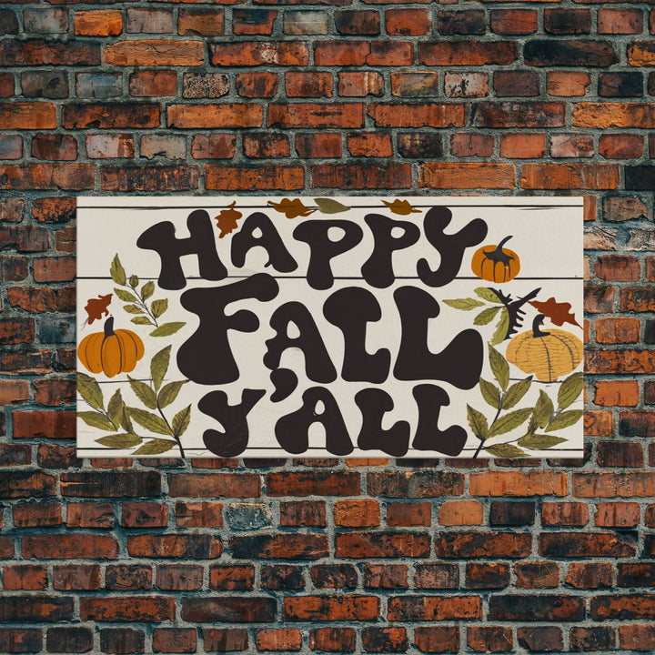 Happy Fall Y'all Typography Art, Modern Farmhouse Wall Decor, Dining Room Wall Sign Kitchen Decor Large Framed Canvas Print, Fall Wall Art