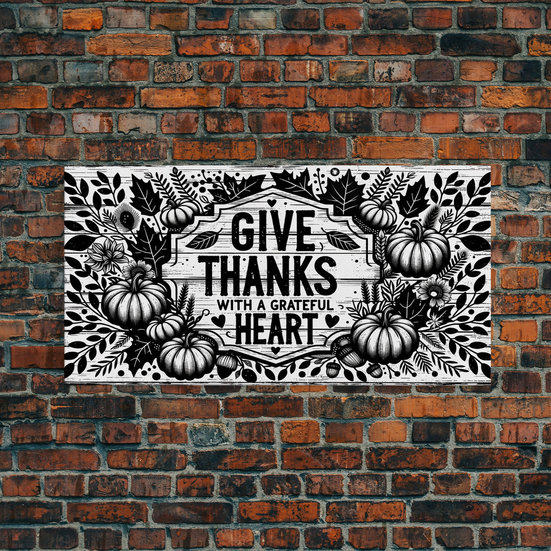 Give Thanks With A Grateful Heart Modern Farmhouse Wall Decor, Dining Room Wall Sign Kitchen Decor Large Framed Canvas Print, Fall Wall Art