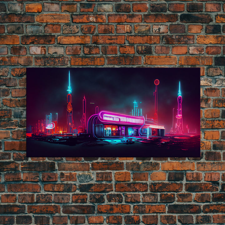 Neon Cyberpunk Diner, Retrofuturism, Framed Ready To Hang Canvas Print, beautiful wall art, guest room decor