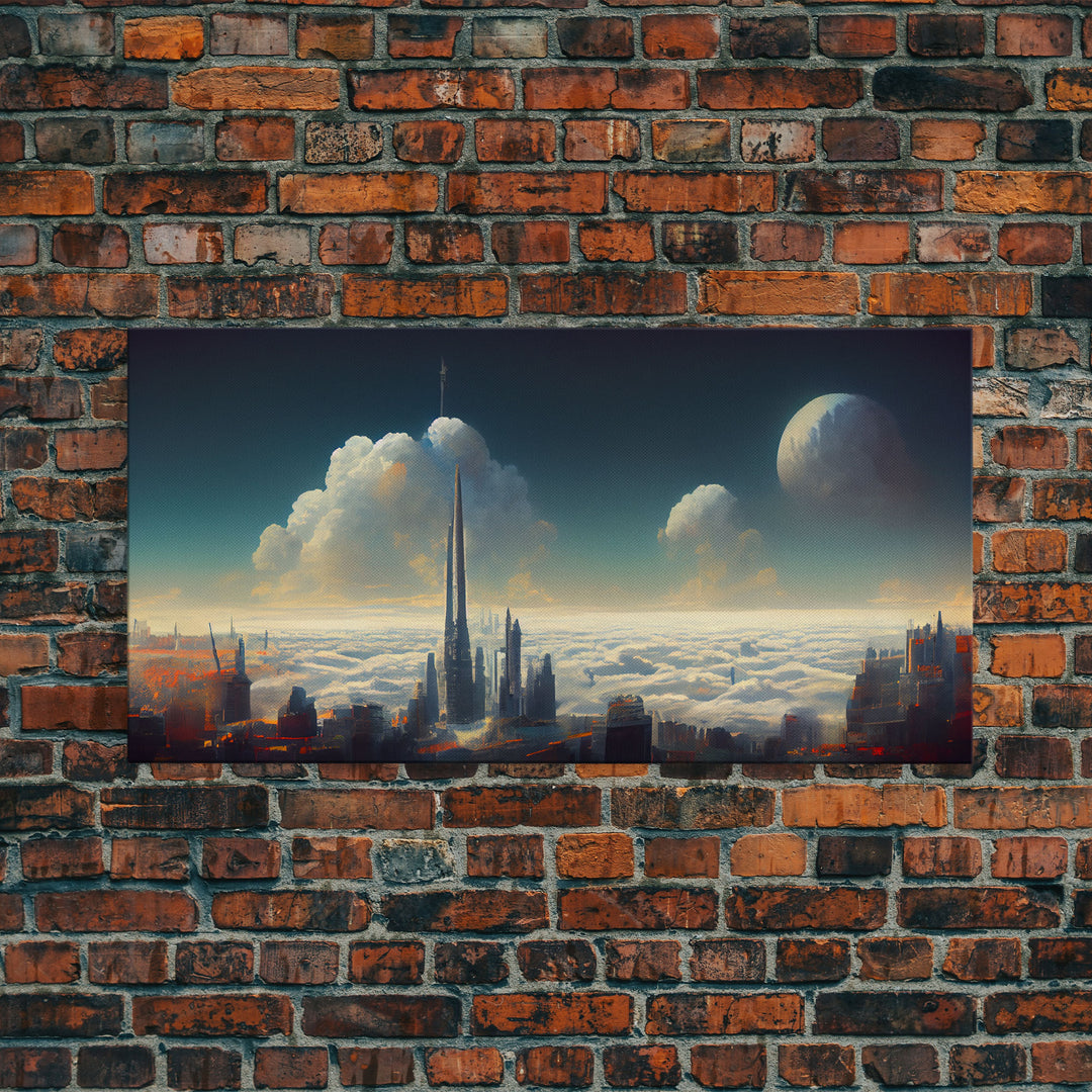 View From Above The Clouds, Cyberpunk City, Futuristic Abstract, ready to hang canvas print wall art, framed canvas wall art