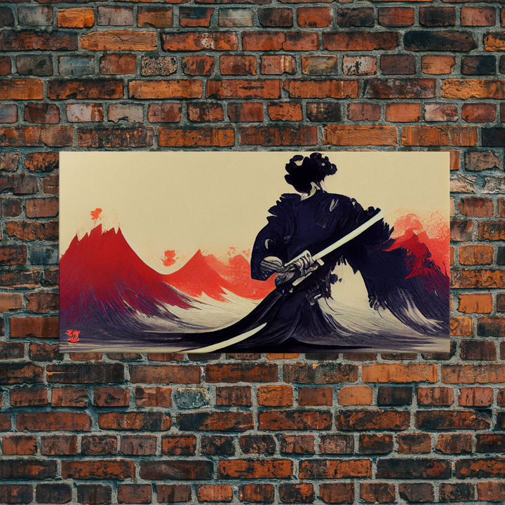 Japanese Samurai Superimposed Over Mountains, ready to hang canvas print wall art, framed canvas wall art, mancave wall art