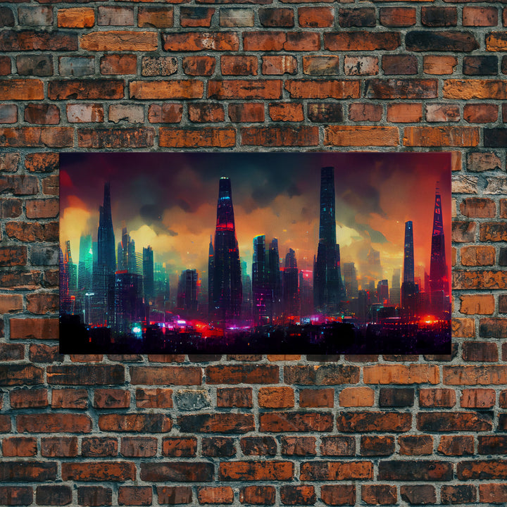 Dystopian Cyberpunk City, ready to hang canvas print wall art, framed canvas wall art, mancave wall art, Cyberpunk Art