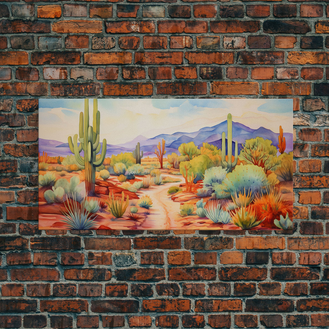 Southwestern Desert Landscape Print, Floral Print, Framed Canvas Art, Vibrant Cactus Desert Art, Mid-Century Modern, Pastel Desert Art