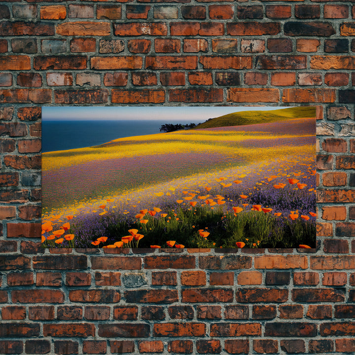 Lush Fields with Orange, Purple and Yellow Flowers, Vintage Italian Countryside, ready to hang canvas print wall art